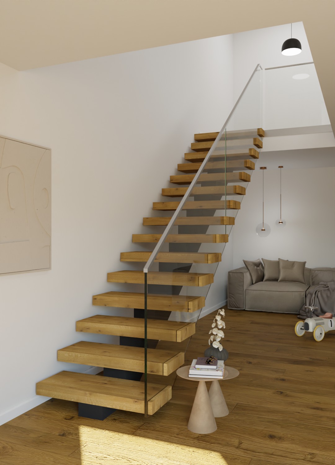 Mittelholmtreppe mit Ganzglasgeländer (Stufenköpfe)